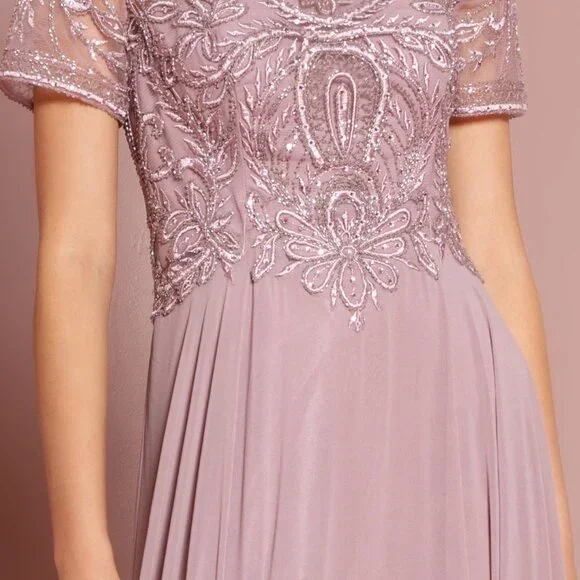 NEW LONG CHIFFON A-LINE DRESS WITH CAP SLEEVES EMBROIDERED WITH LACE GL2683 - Picture 6 of 13